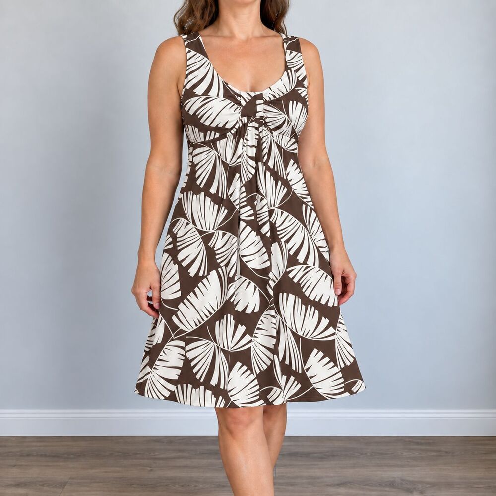 Tommy Bahama Dress Womens M Brown Ivory Tropical Palm Leaf Empire Waist Sundress